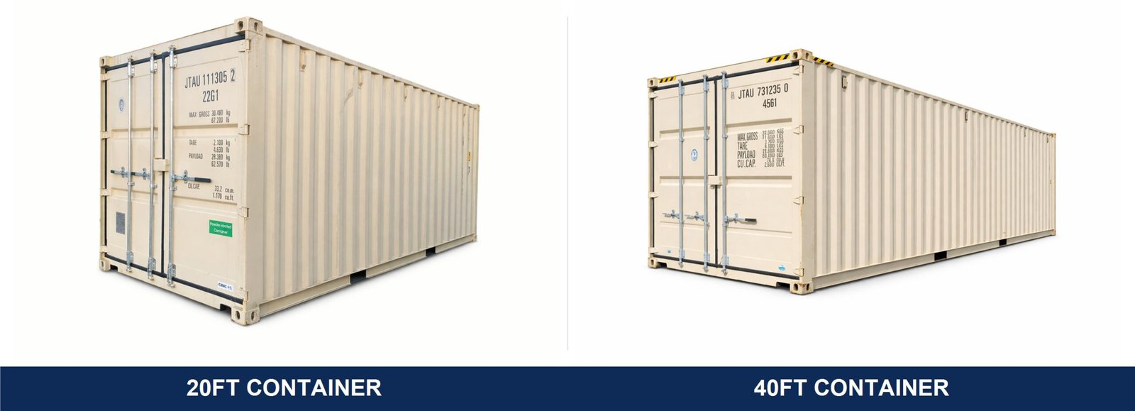 Side-by-side comparison of a 20ft and 40ft shipping container from Iron Box, showing the size difference for Oregon buyers