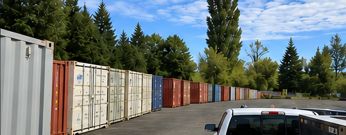 Rows of shipping containers in various sizes and colors at Iron Box's Creswell, Oregon storage yard, ready for rent or purchase