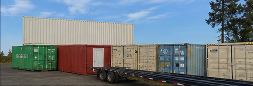 A row of Iron Box shipping containers in different colors and sizes on a flatbed trailer, part of the inventory available for rent or purchase in Oregon